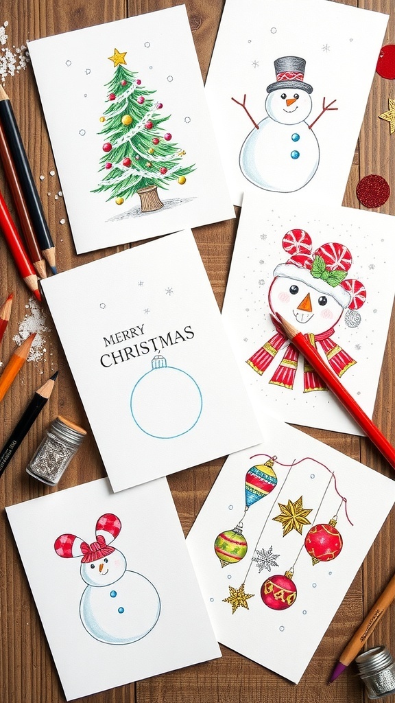 Hand-drawn Christmas cards with festive designs on a wooden table with art supplies.